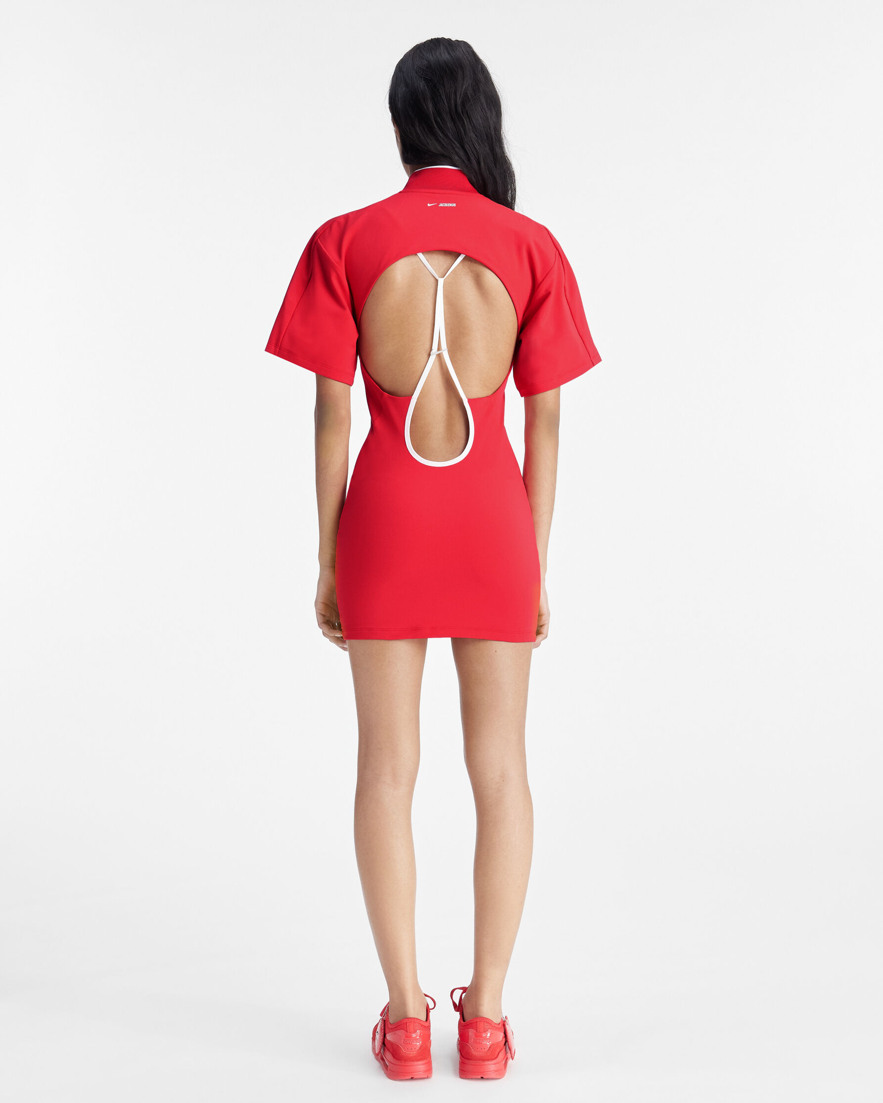nike x jacquemus red dress JACQUEMUS x NIKE Iconic Red Cut Out Swoosh Logo Short Sleeve Mini Dress LARGE